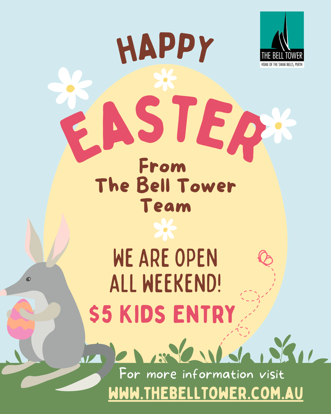 Happy Easter from The Bell Tower Team. We are open all weekend! $5 Kids Entry